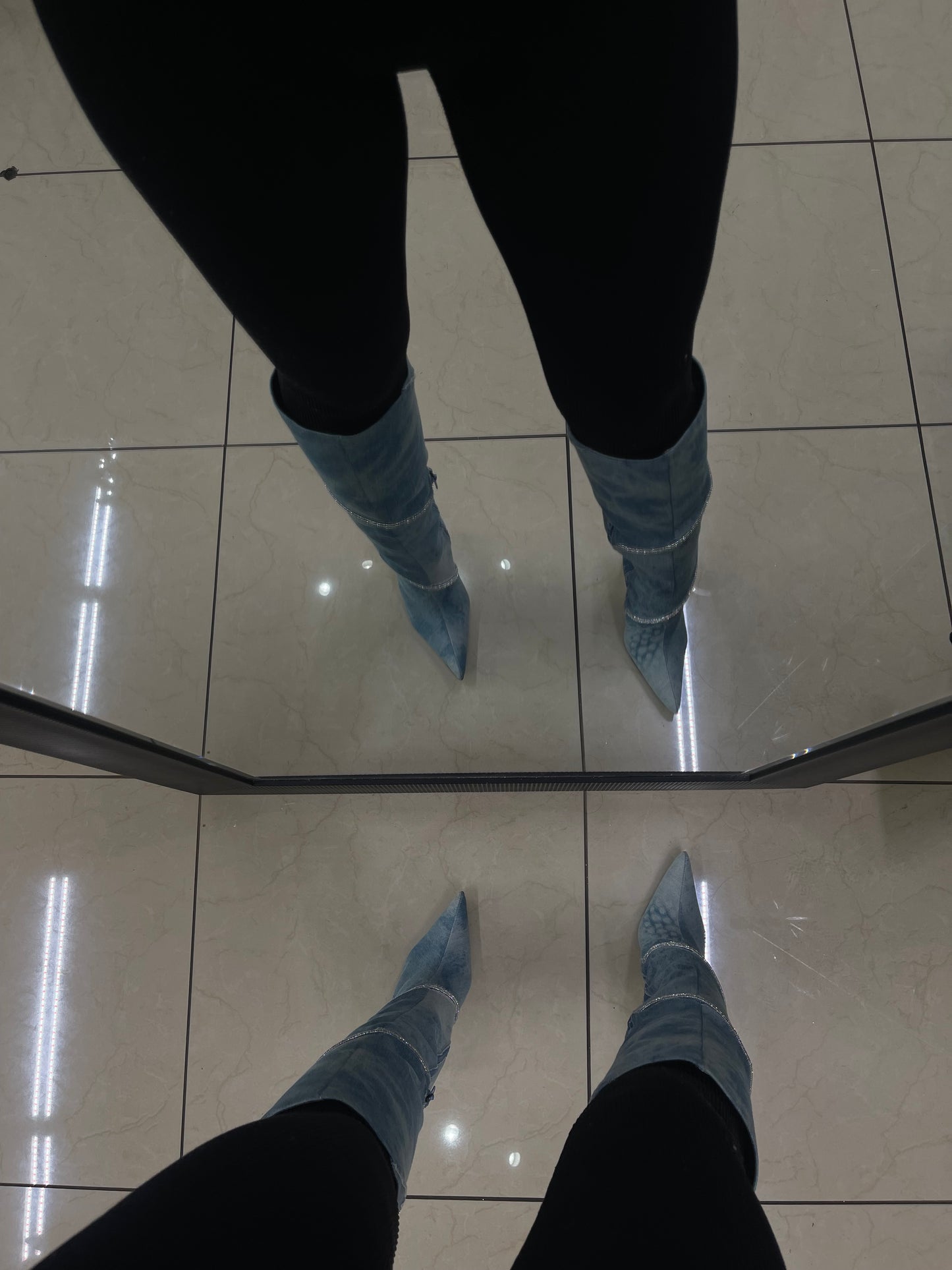 Denim Rhinestone Stiletto Boots