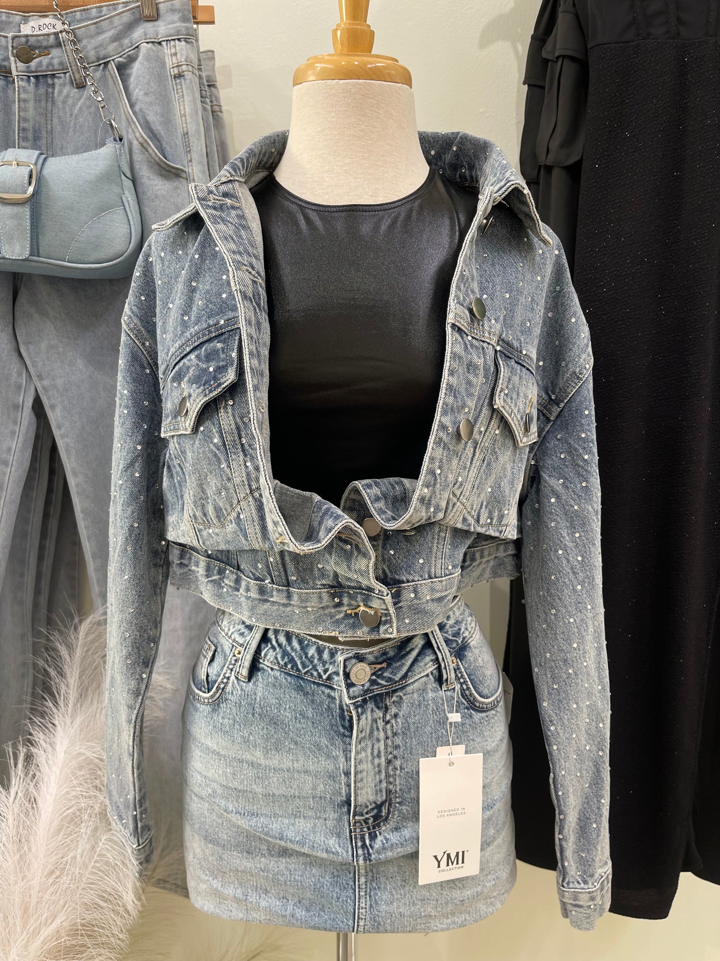 Cropped Rhinestone Denim Jacket