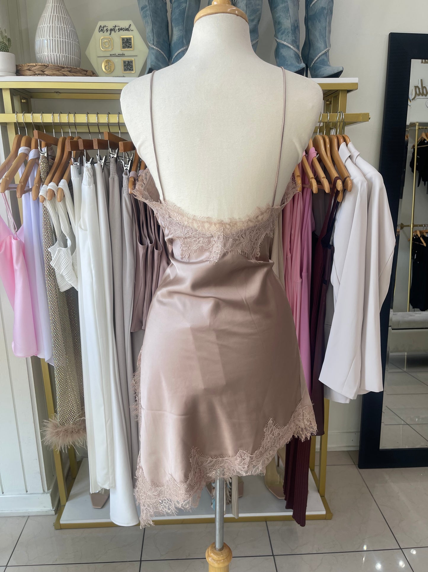 Beige Satin Lace Dress