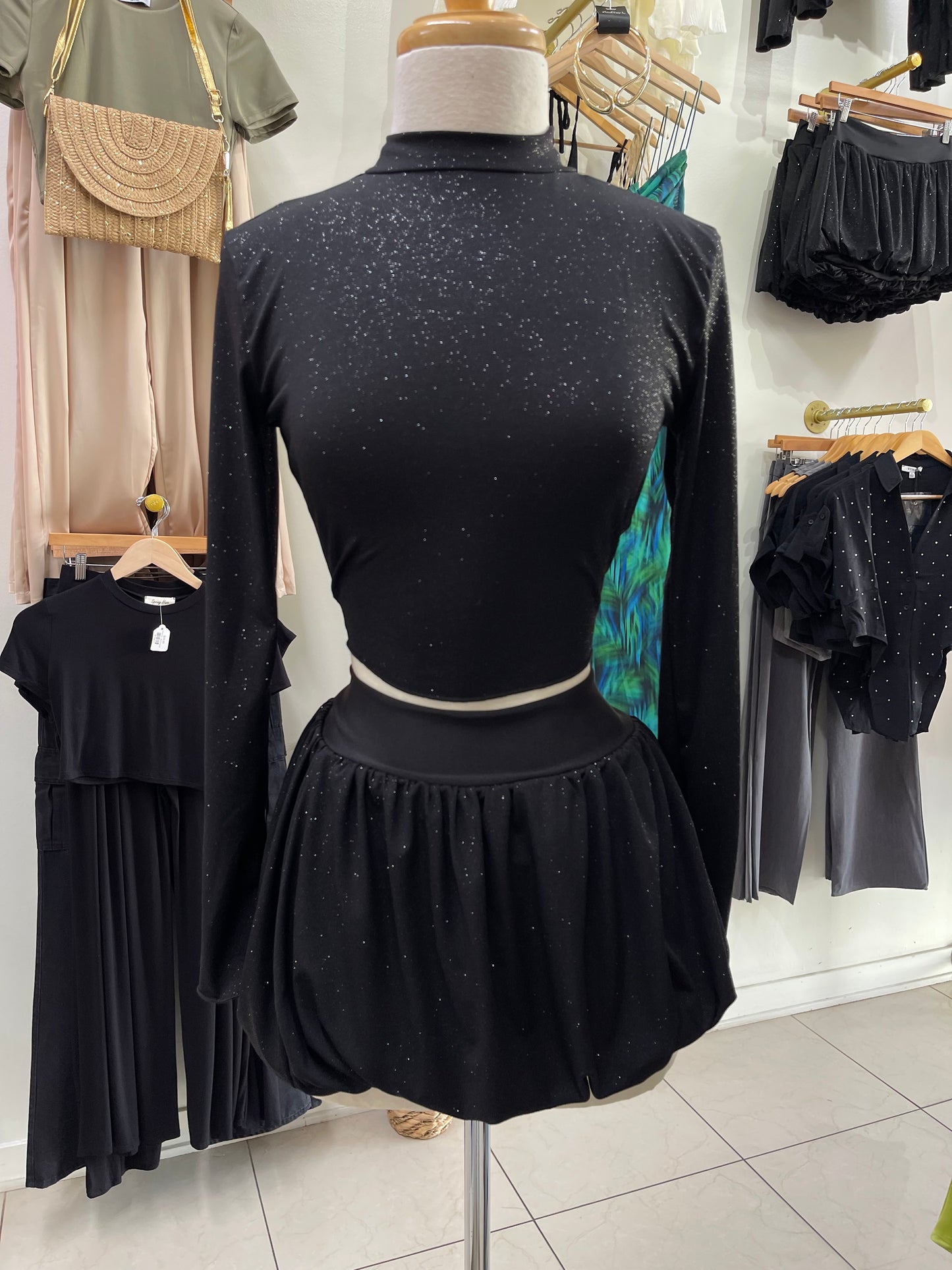 Black Cropped Sparkle Top
