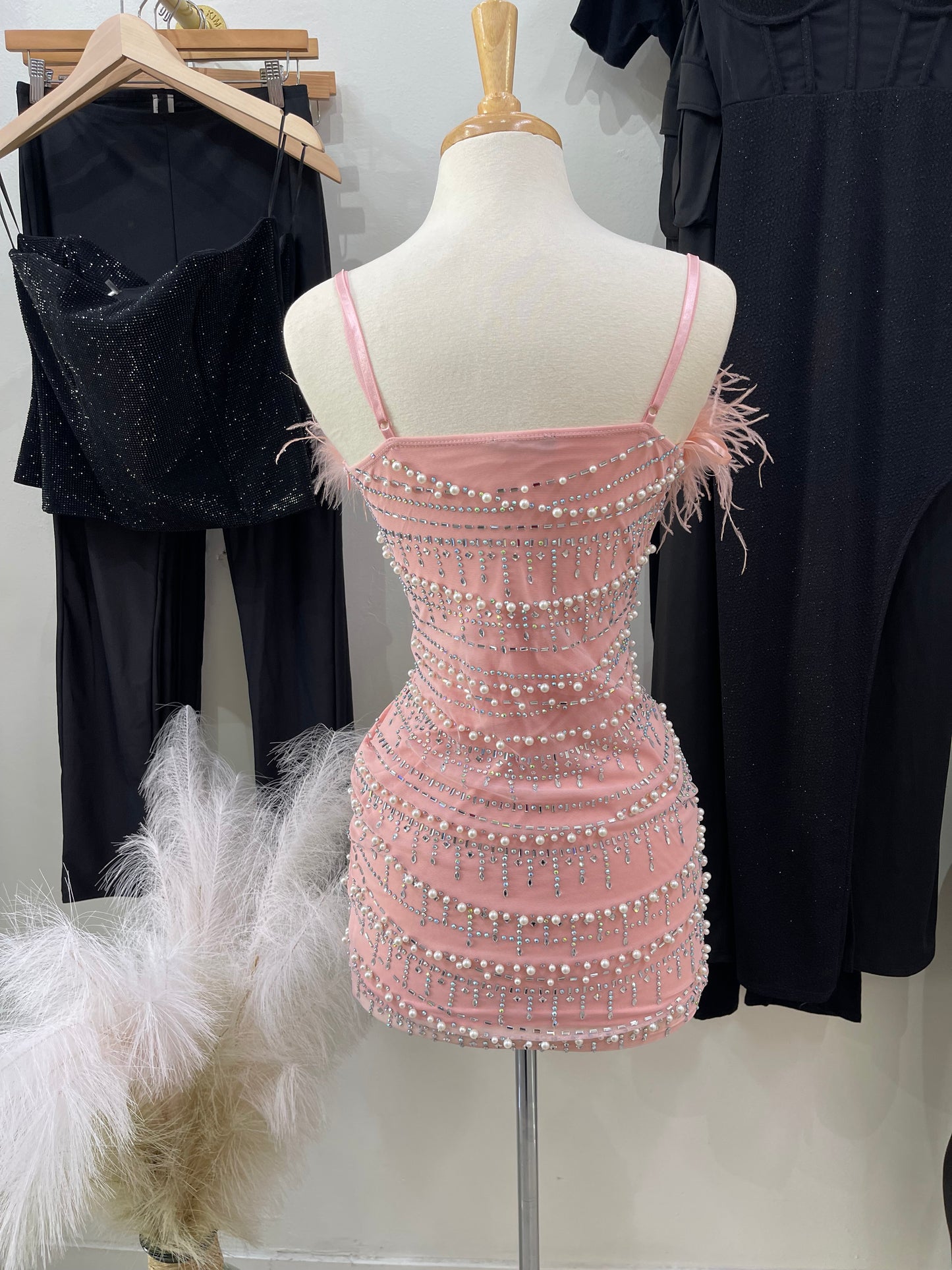 Pink Feather Pearl Dress