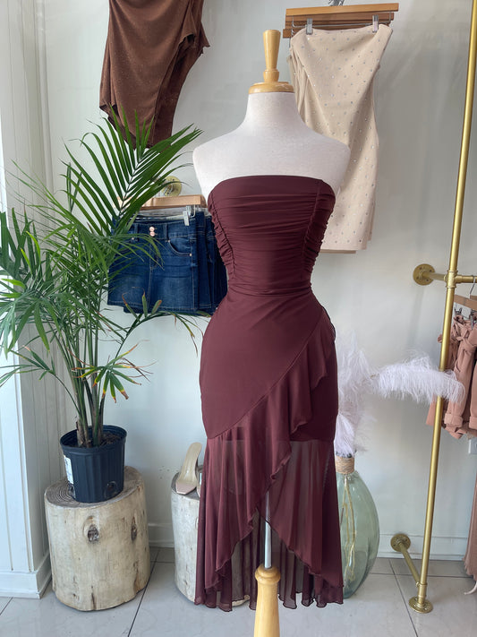 Red\Brown Mesh Ruffle Dress