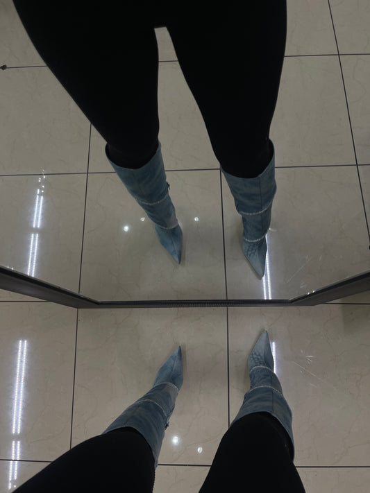 Denim Rhinestone Stiletto Boots