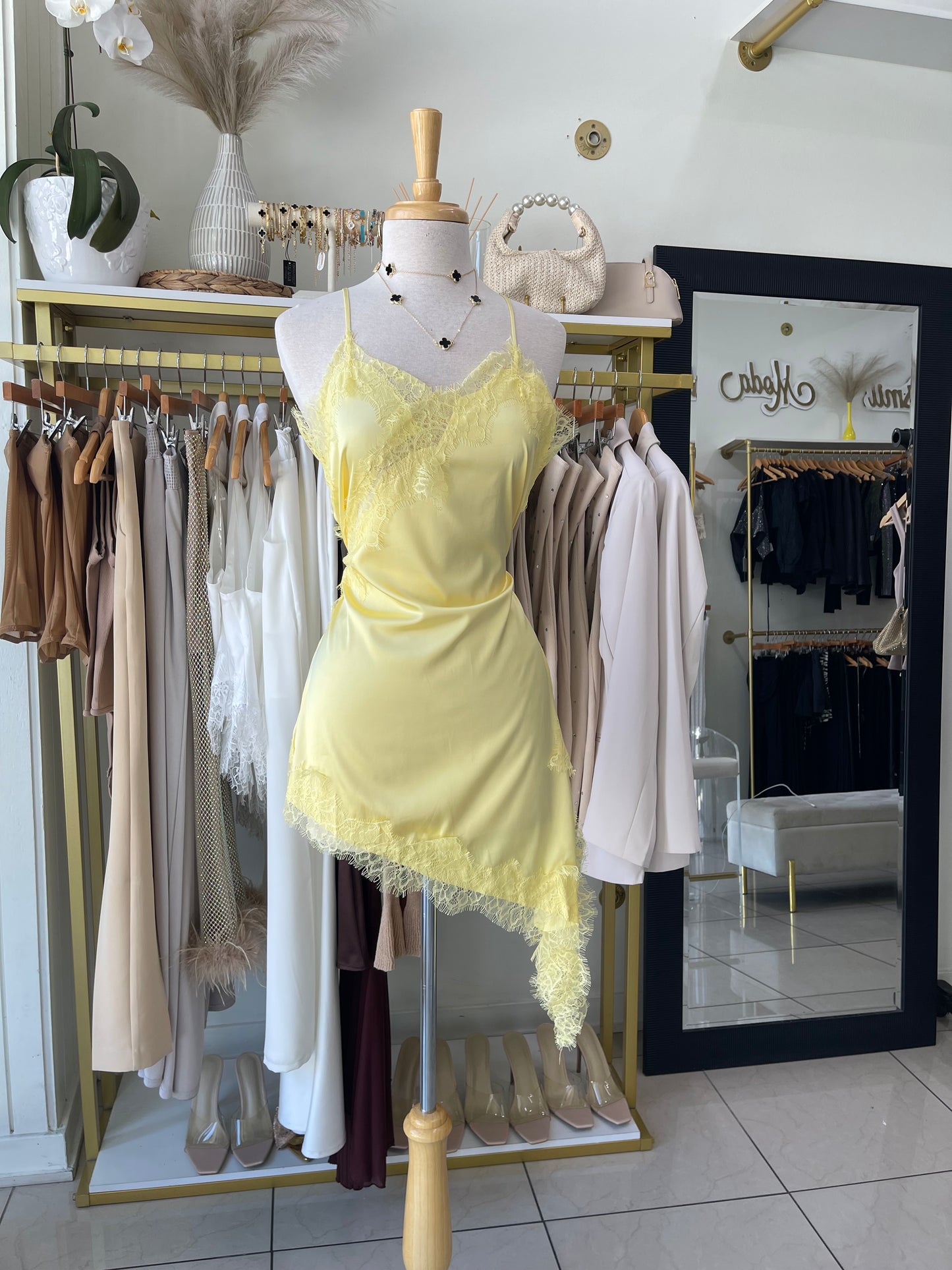Yellow Satin Lace Dress 🪞✨