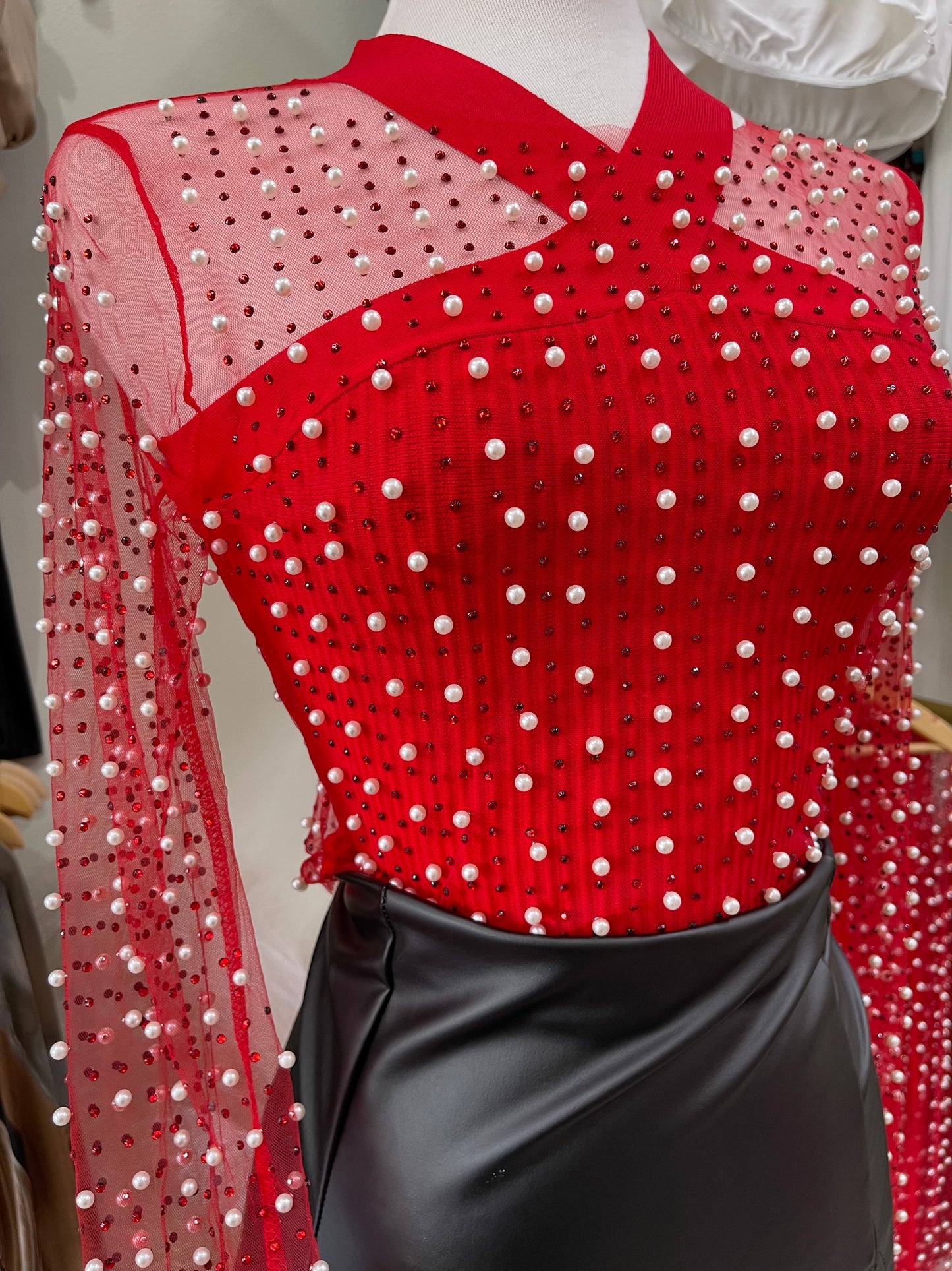 Red Pearl Mesh Top